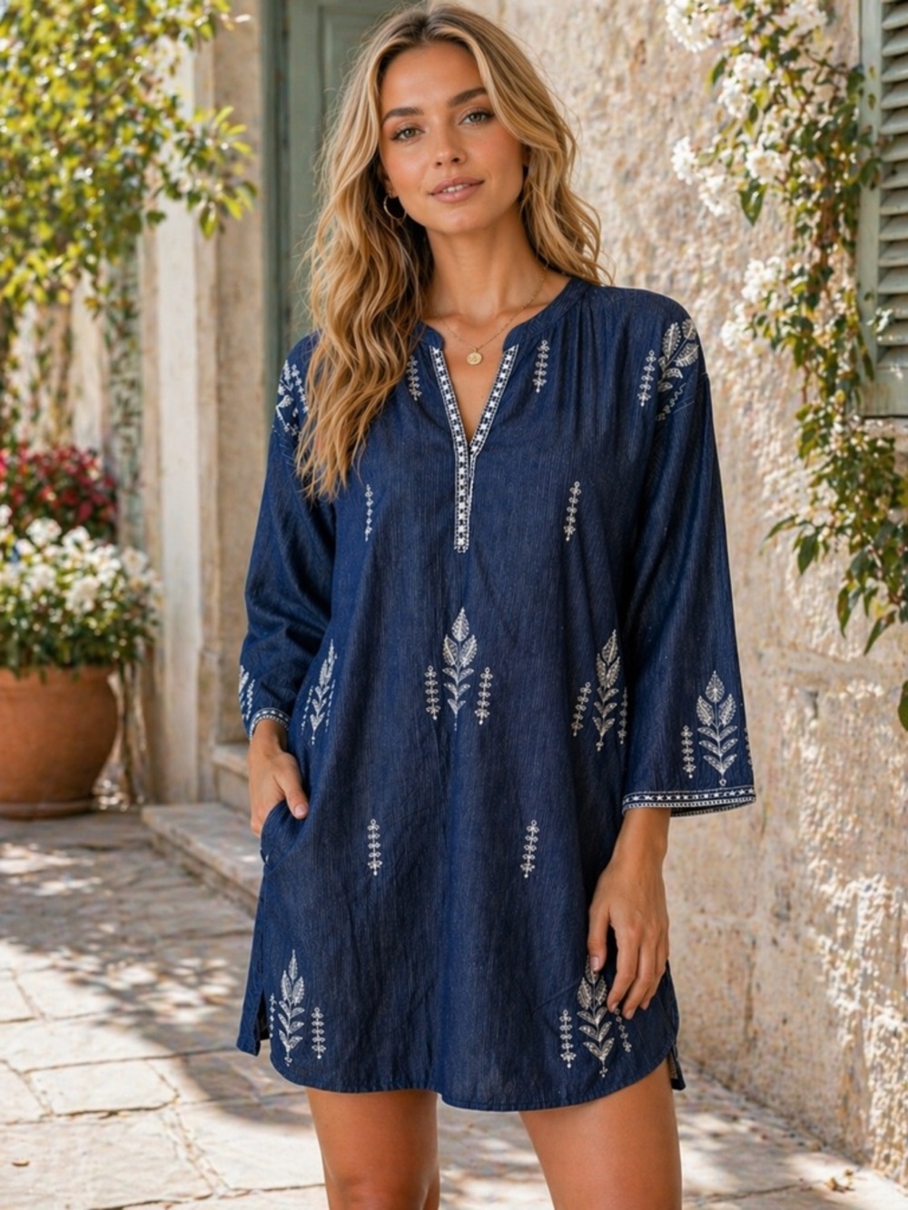 Sohaye by Diners Pakistani Chambray Blue Embroidered Tunic Top Dress Sz Small
